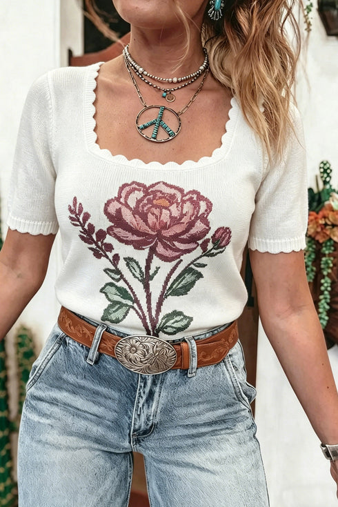 Western Floral Print Square Collar Short Sleeve Knit Sweater