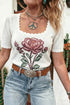 Western Floral Print Square Collar Short Sleeve Knit Sweater