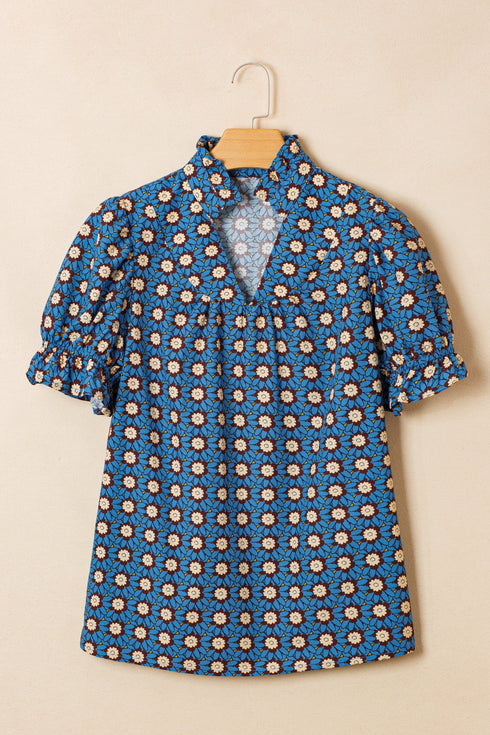 Western Floral Print V Neck Pleated Puff Sleeve Blouse