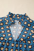 Western Floral Print V Neck Pleated Puff Sleeve Blouse