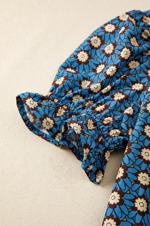 Western Floral Print V Neck Pleated Puff Sleeve Blouse