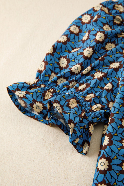 Western Floral Print V Neck Pleated Puff Sleeve Blouse