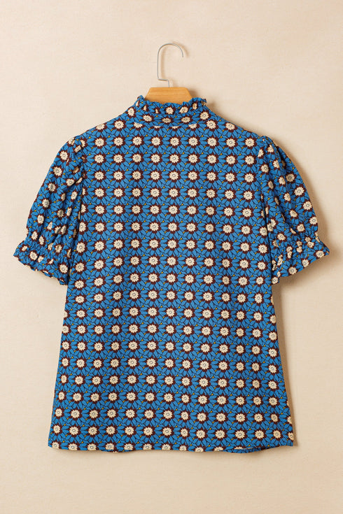 Western Floral Print V Neck Pleated Puff Sleeve Blouse