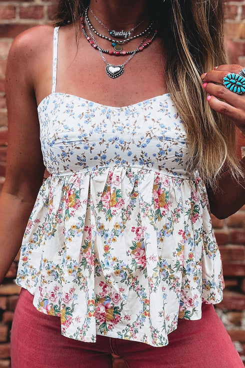 Western Floral Printed Patchwork Spaghetti Strap Tank Top
