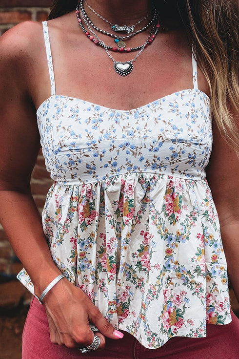 Western Floral Printed Patchwork Spaghetti Strap Tank Top