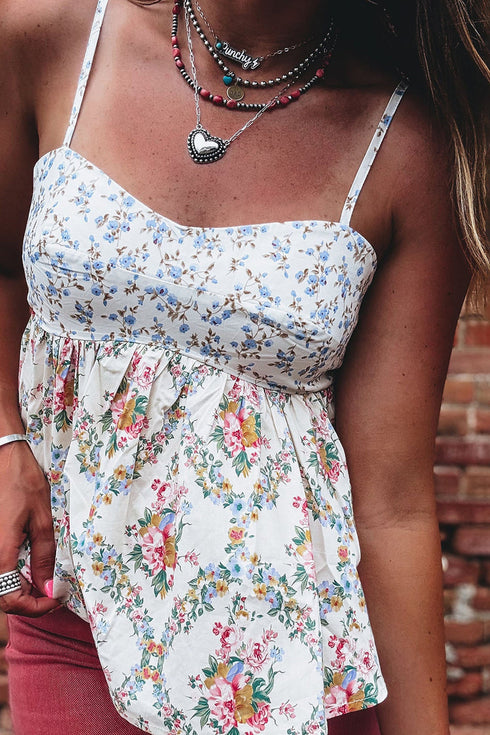 Western Floral Printed Patchwork Spaghetti Strap Tank Top