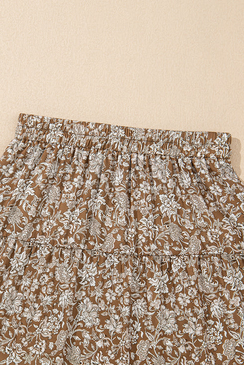 Western Floral Ruffle Hem High Waist Flowing Maxi Skirt