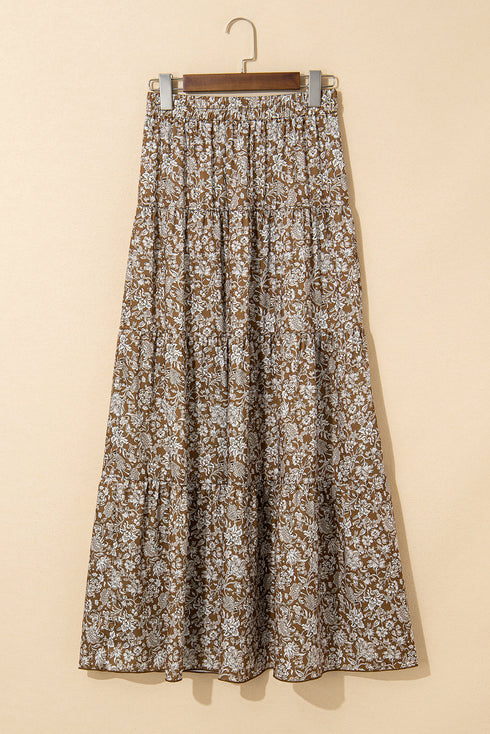 Western Floral Ruffle Hem High Waist Flowing Maxi Skirt