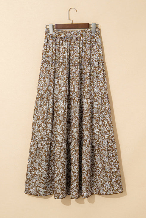 Western Floral Ruffle Hem High Waist Flowing Maxi Skirt