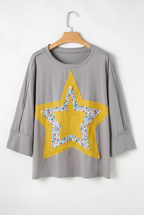 Western Floral Star Patchwork Applique Three Quarter Sleeve Top