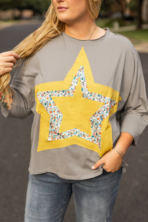 Western Floral Star Patchwork Applique Three Quarter Sleeve Top