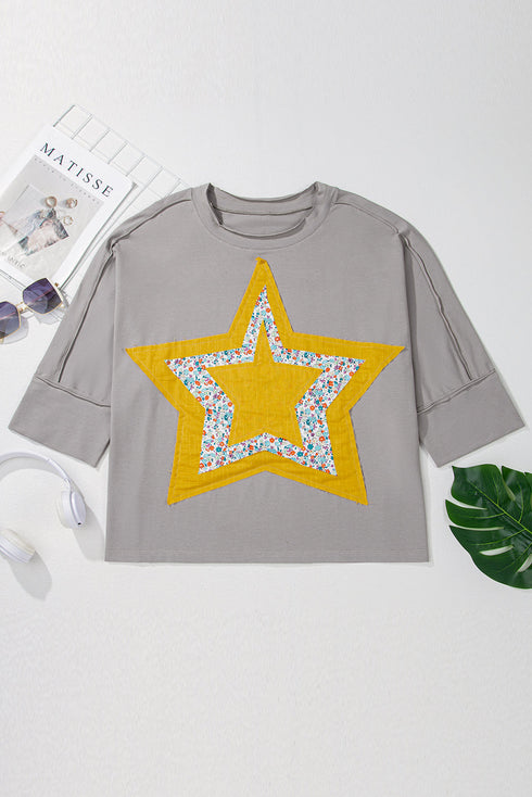 Western Floral Star Patchwork Applique Three Quarter Sleeve Top
