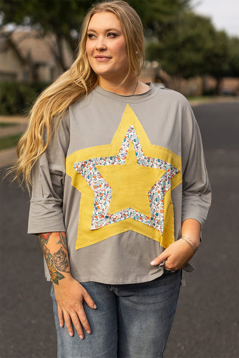 Western Floral Star Patchwork Applique Three Quarter Sleeve Top