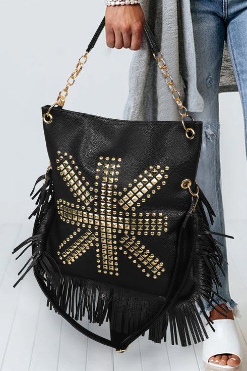 Western Fringed Rivet Rhinestone Detail Pu Leather Shoulder Bag