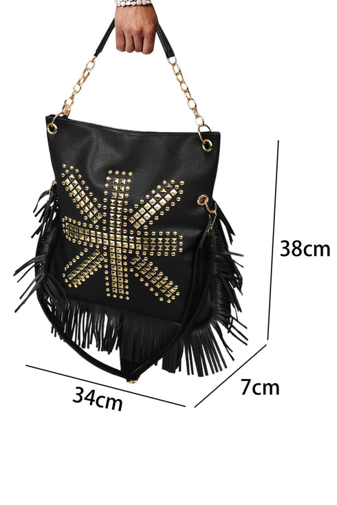 Western Fringed Rivet Rhinestone Detail Pu Leather Shoulder Bag