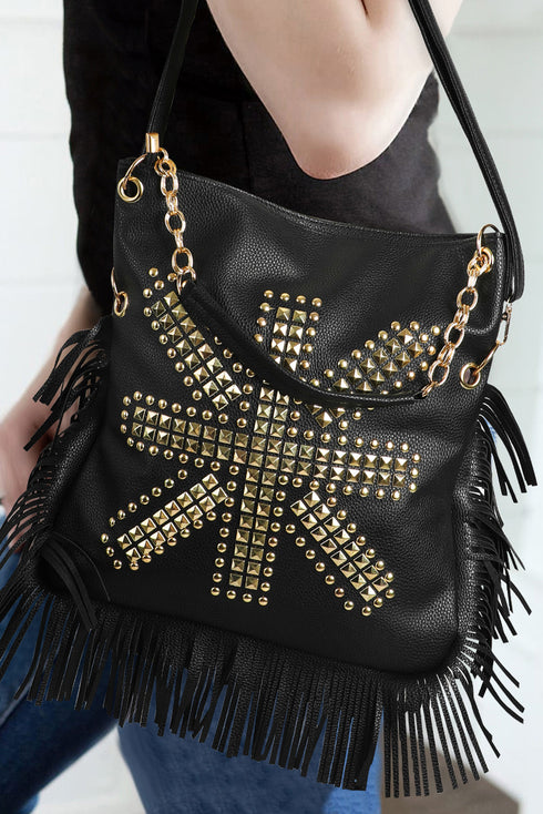 Western Fringed Rivet Rhinestone Detail Pu Leather Shoulder Bag