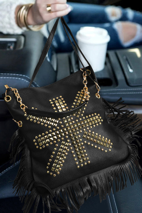 Western Fringed Rivet Rhinestone Detail Pu Leather Shoulder Bag