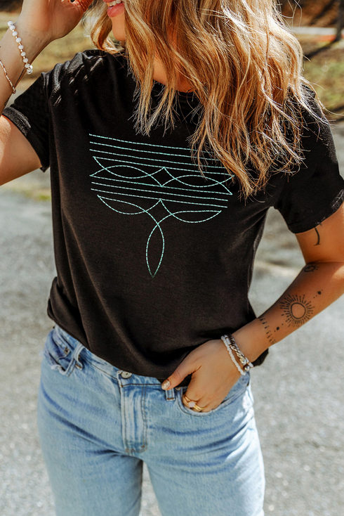 Western Geometric Embroidered Short Sleeve Graphic Tee