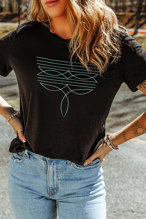 Western Geometric Embroidered Short Sleeve Graphic Tee