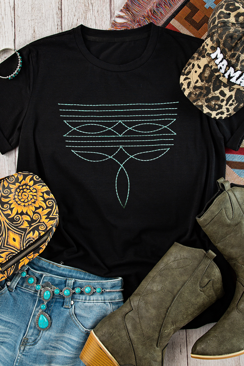 Western Geometric Embroidered Short Sleeve Graphic Tee