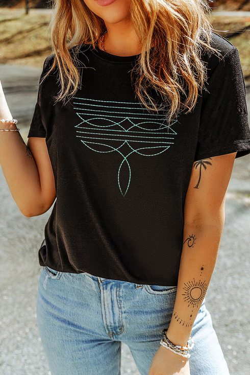 Western Geometric Embroidered Short Sleeve Graphic Tee
