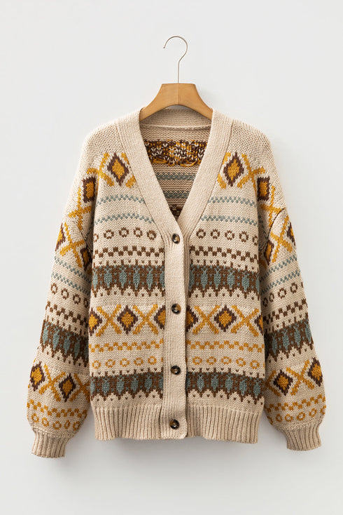 Western Geometric Pattern Button Down V Neck Cardigan