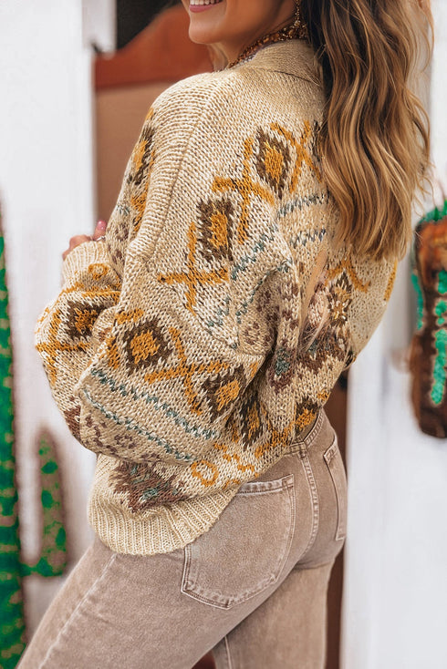 Western Geometric Pattern Button Down V Neck Cardigan