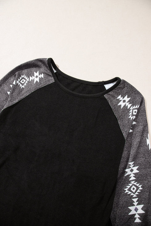 Western Geometric Print Brushed Fleece Pullover Top