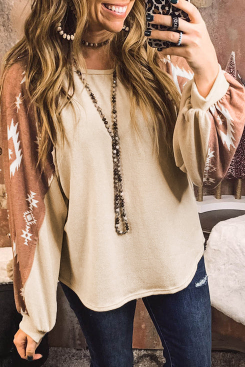 Western Geometric Print Brushed Fleece Pullover Top