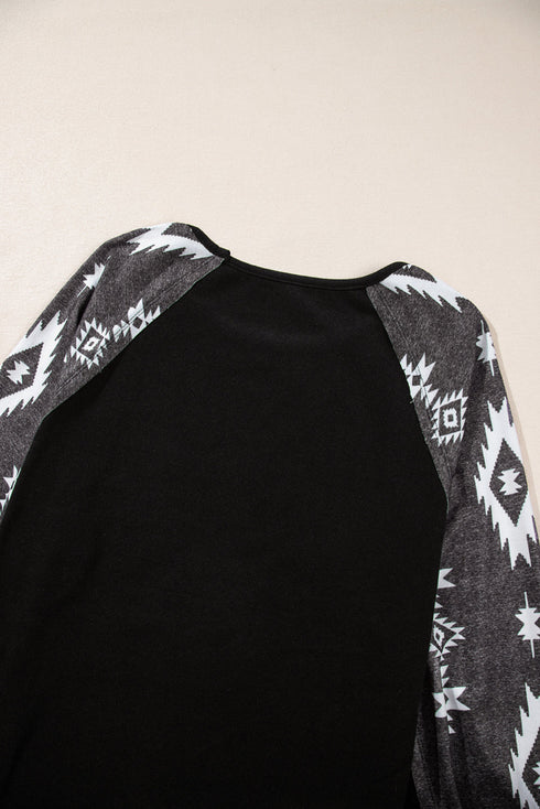 Western Geometric Print Brushed Fleece Pullover Top
