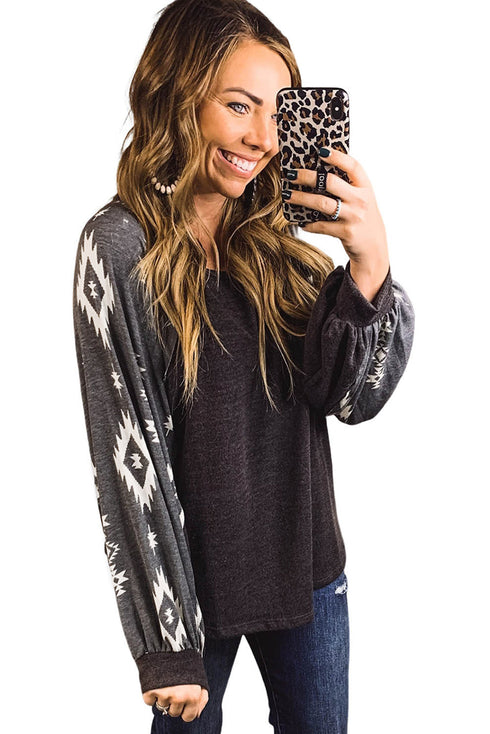 Western Geometric Print Brushed Fleece Pullover Top