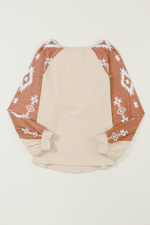 Western Geometric Print Brushed Fleece Pullover Top