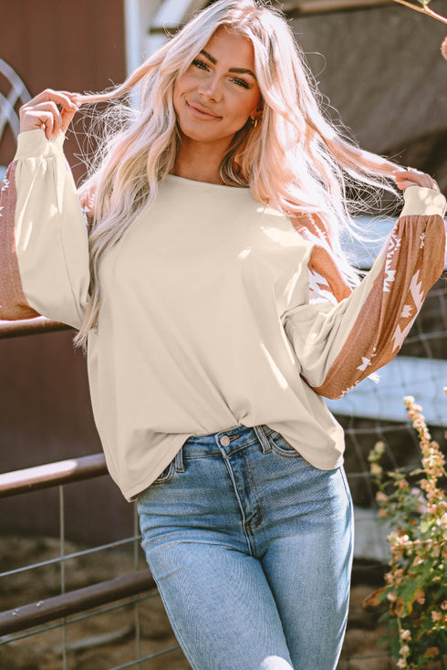 Western Geometric Print Brushed Fleece Pullover Top