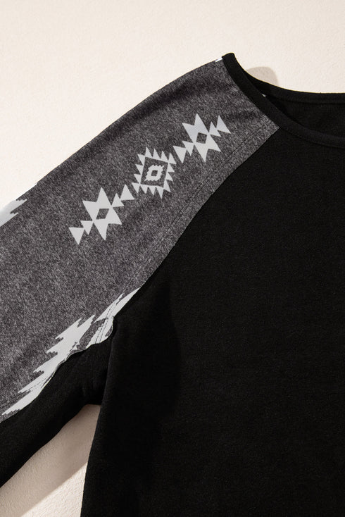 Western Geometric Print Brushed Fleece Pullover Top