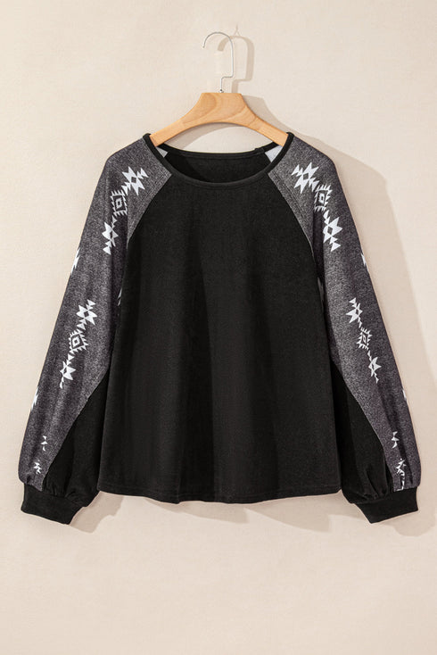 Western Geometric Print Brushed Fleece Pullover Top