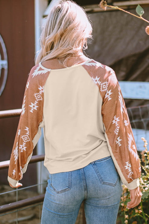 Western Geometric Print Brushed Fleece Pullover Top
