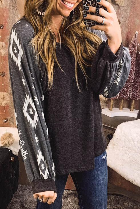 Western Geometric Print Brushed Fleece Pullover Top