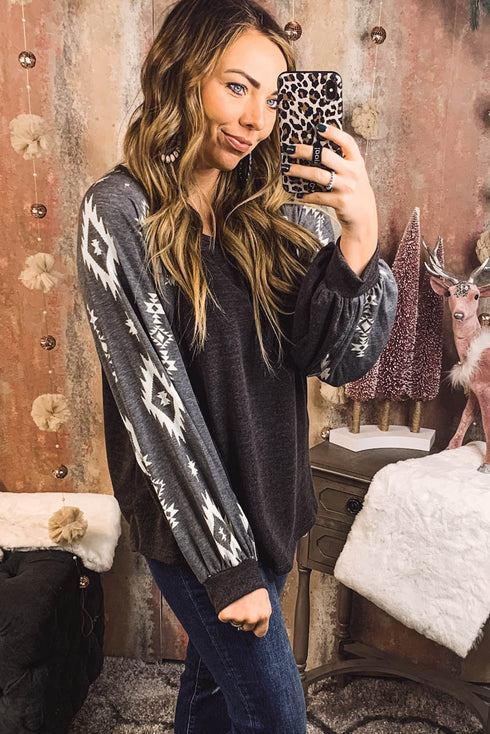 Western Geometric Print Brushed Fleece Pullover Top