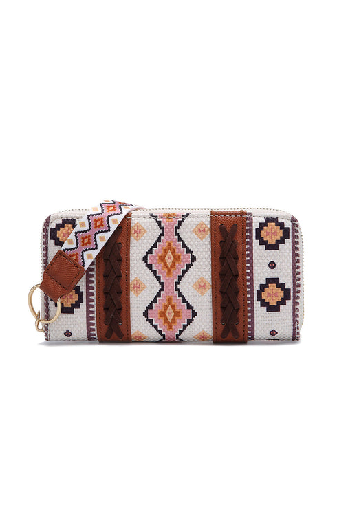 Western Geometric Print Faux Leather Zipper Wristlet Wallet