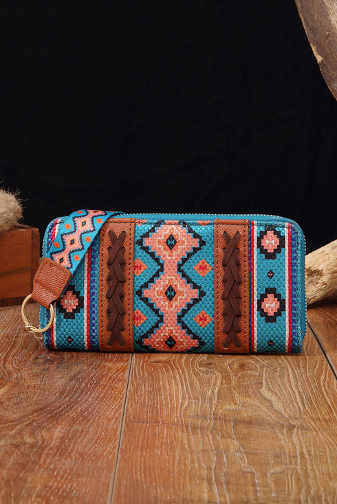 Western Geometric Print Faux Leather Zipper Wristlet Wallet