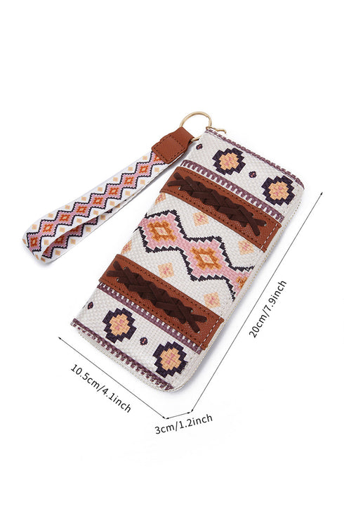 Western Geometric Print Faux Leather Zipper Wristlet Wallet