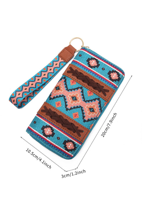 Western Geometric Print Faux Leather Zipper Wristlet Wallet
