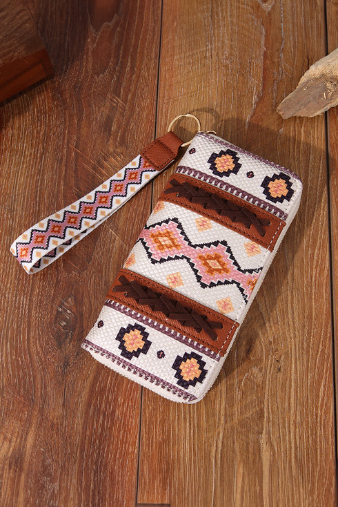 Western Geometric Print Faux Leather Zipper Wristlet Wallet