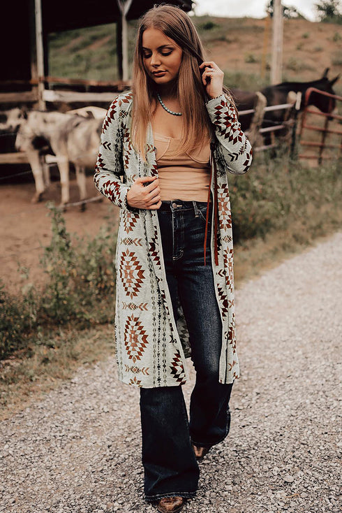 Western Geometric Print Long Sleeve Open Front Cardigan