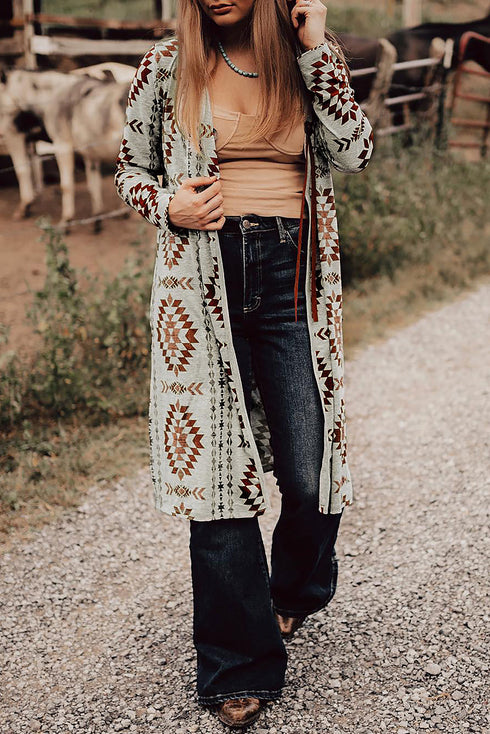 Western Geometric Print Long Sleeve Open Front Cardigan