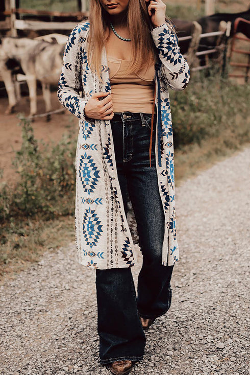 Western Geometric Print Long Sleeve Open Front Cardigan