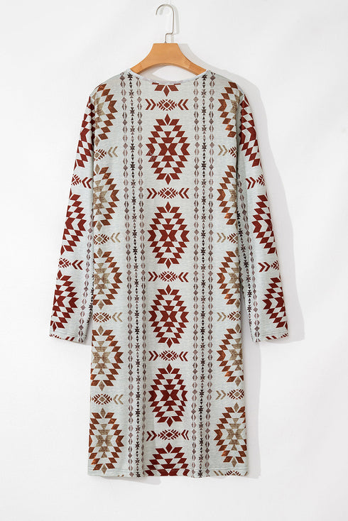 Western Geometric Print Long Sleeve Open Front Cardigan