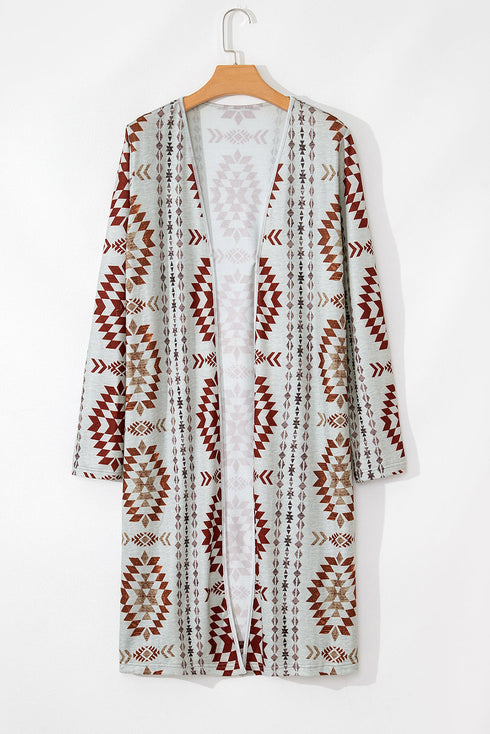 Western Geometric Print Long Sleeve Open Front Cardigan