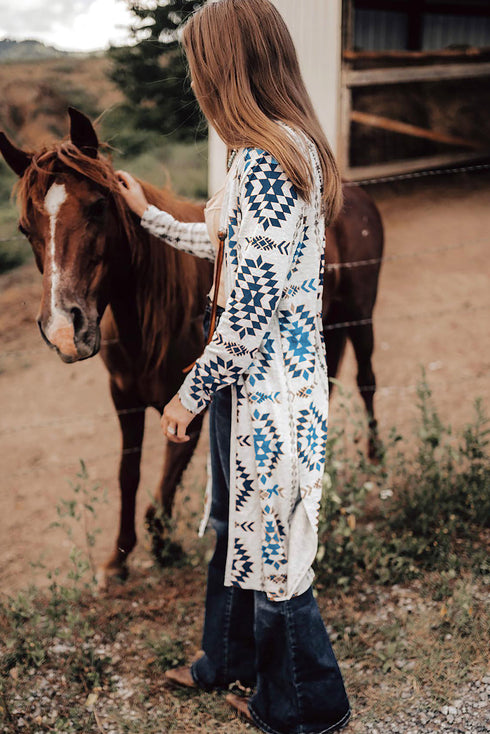 Western Geometric Print Long Sleeve Open Front Cardigan