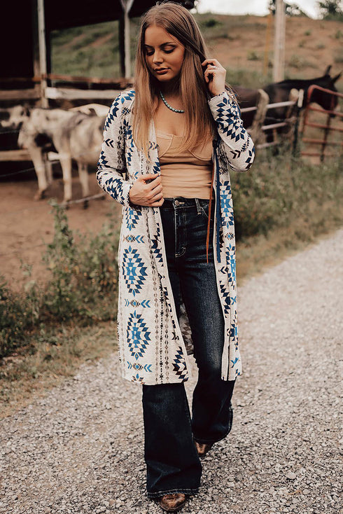 Western Geometric Print Long Sleeve Open Front Cardigan